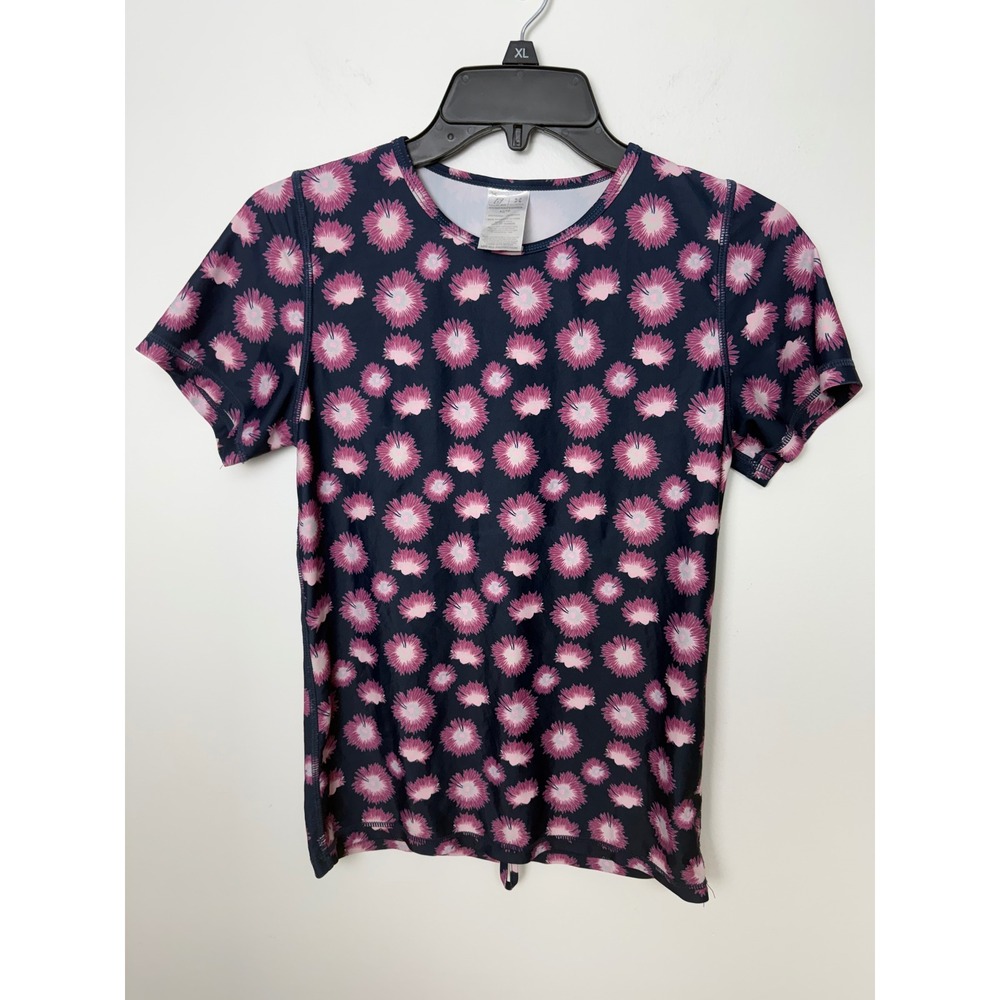 Level Six Womens XS Rash Guard Short Sleeve Navy Pink Floral UPF 50+ Swim Top